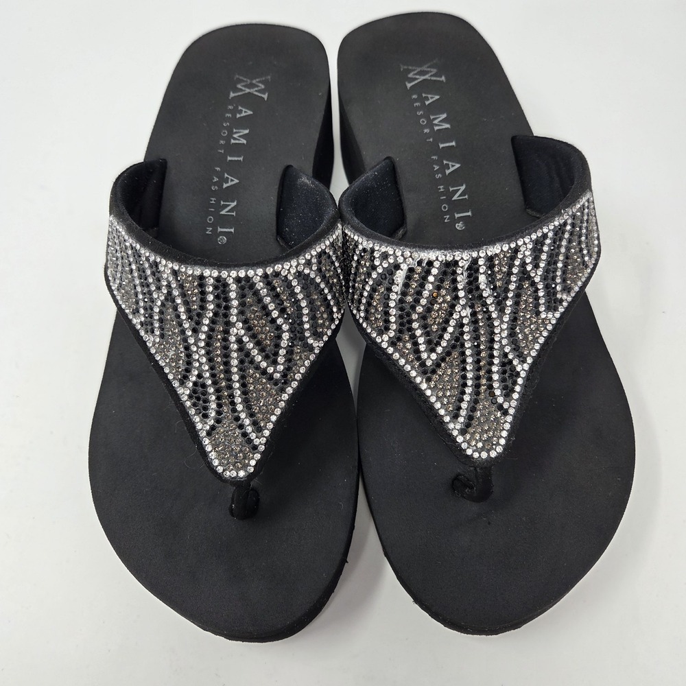 Amiani Sandal Womens 10.5 Black Vinyasa Sparkle Stones Thong Slip On Casual Zebr - Picture 5 of 11